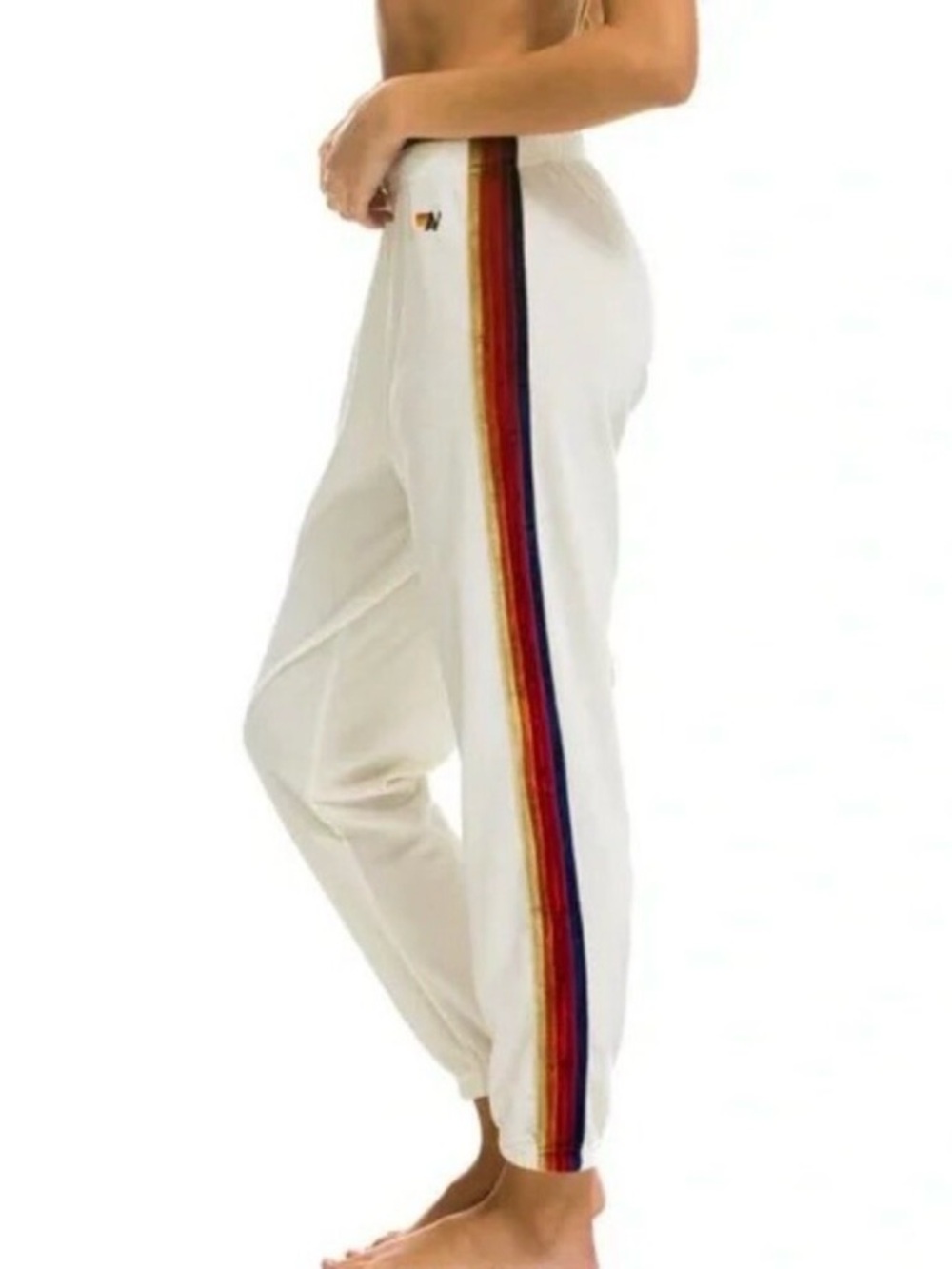 RARE Aviator Nation 5 Stripe Velour Sweatpants Cream S Coastal Cowgirl Cozycore - Picture 7 of 8